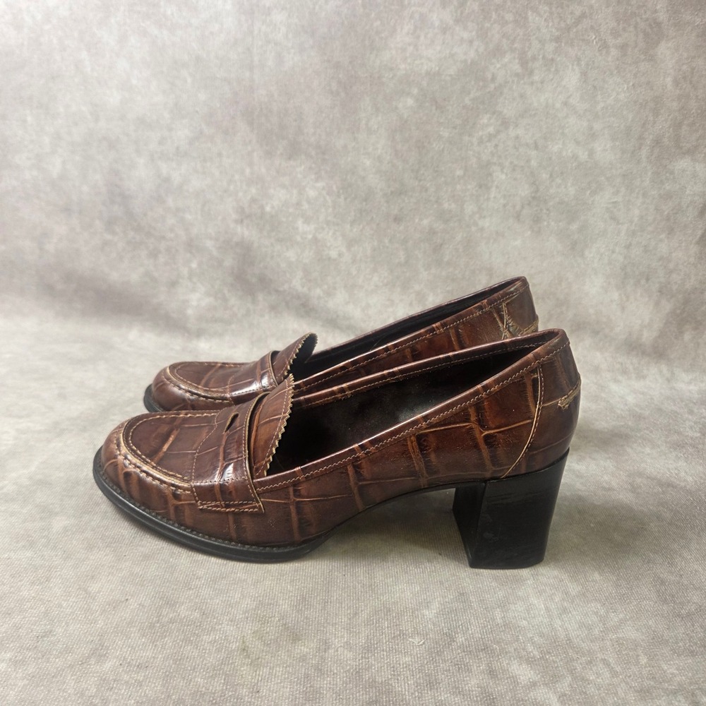 Via Spiga Brown Croc Embossed Leather Heeled Penny Loafers Block Heel SZ 9 Shoes